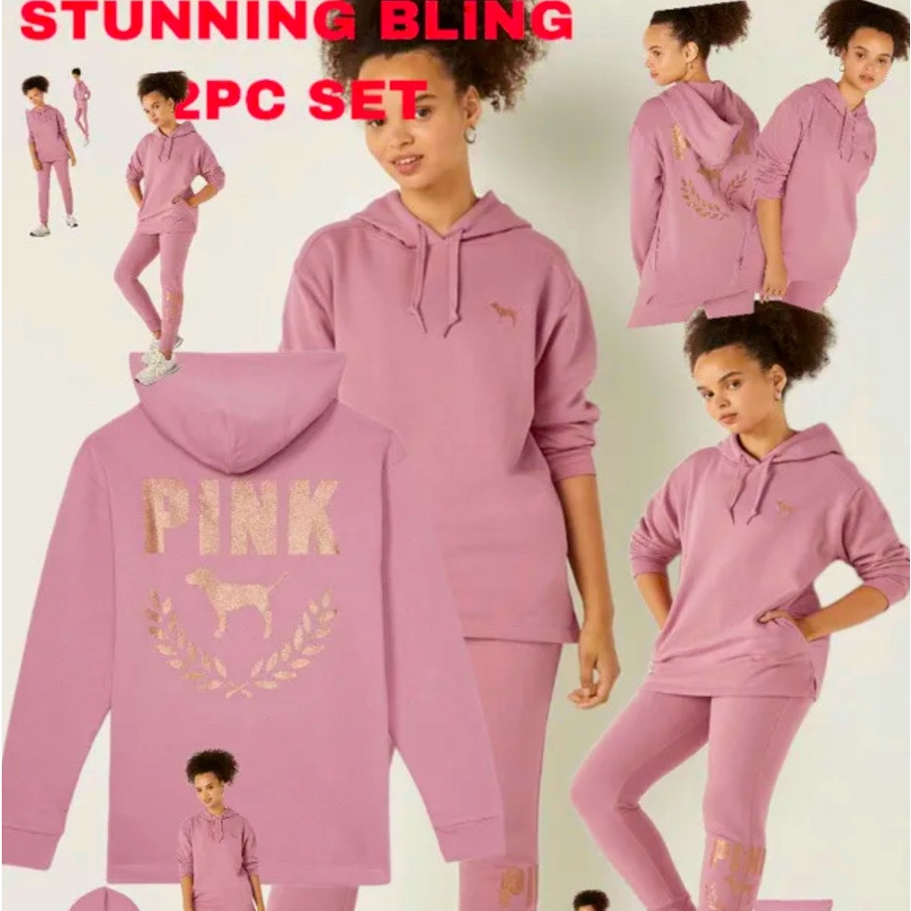 NEW VICTORIAS SECRET PINK 2PC BLING SET HOODIE & JOGGERS M L XL XXL